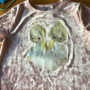 Precious Moments Pink Velvet Short Sleeve Tee with Angel Graphic
